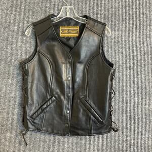 Daniel Smart Mens Leather Biker Vest Size Medium Black Lace Up Sides Snap Close